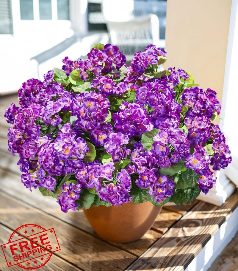 Fake Purple Geraniums Outdoor Plants, 6 Bundles UV Resistant Silk Flowers Green Plant