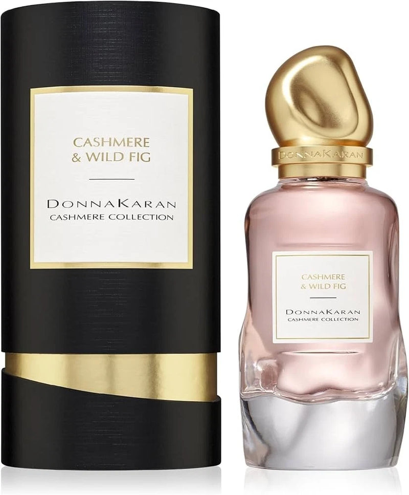 Donna Karan Cashmere & Wild Fig EDP spray with pink glass bottle, gold cap, boxed in black