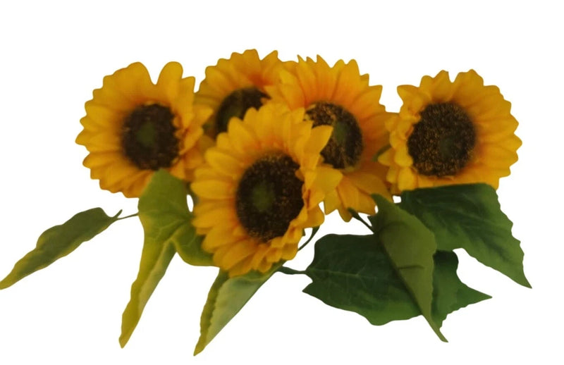 Artificial sunflower stems with yellow blooms, dark centers, and green leaves