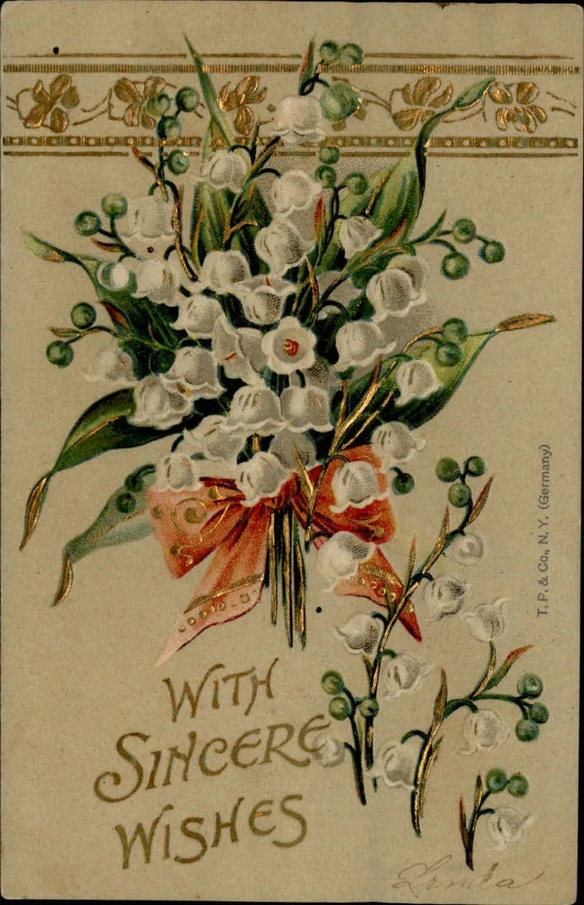 Vintage postcard with lily of the valley flowers and 'With Sincere Wishes' text