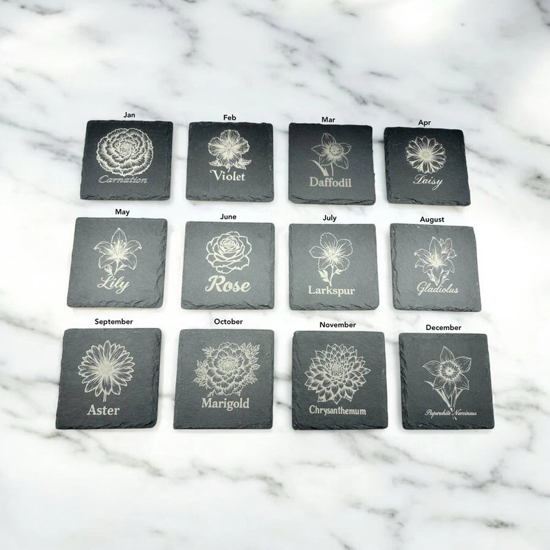 Slate birth-flower coaster set with 12 square coasters labeled by month