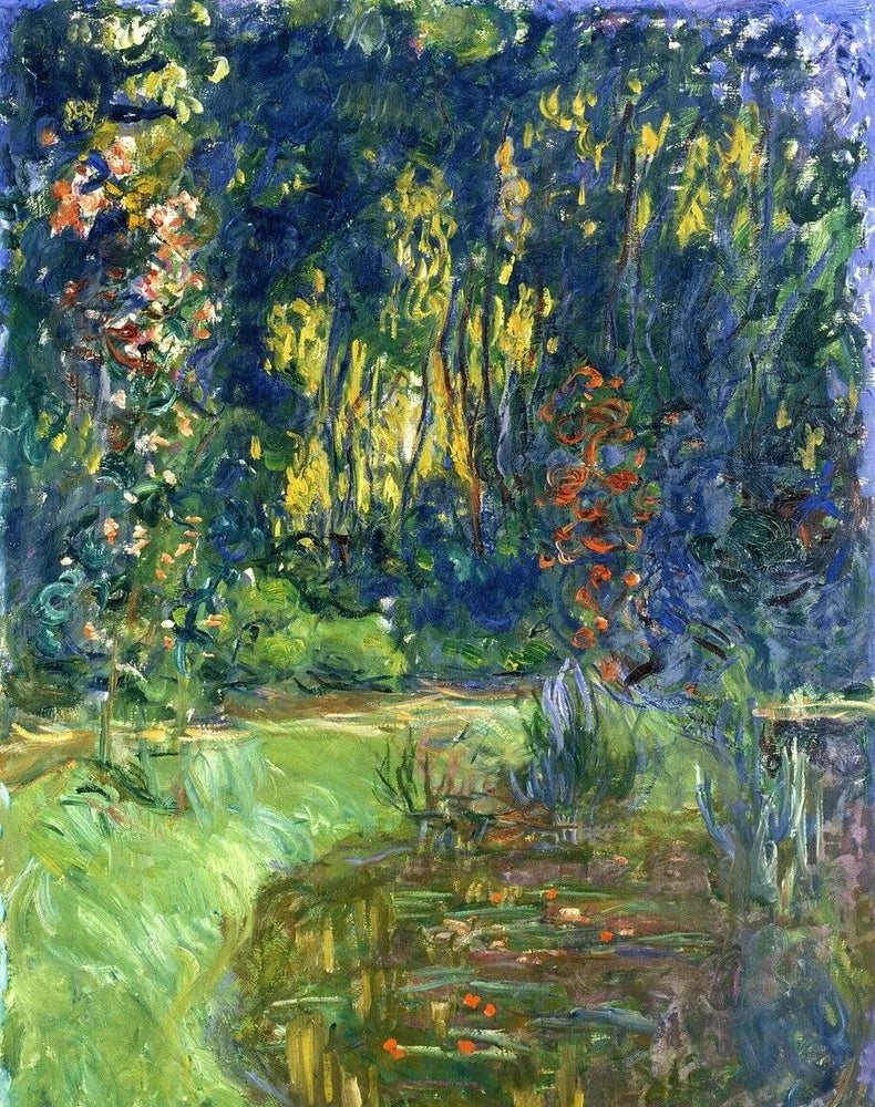 Claude Monet Water Lily Pond canvas print of a lush garden pond with trees and flowers