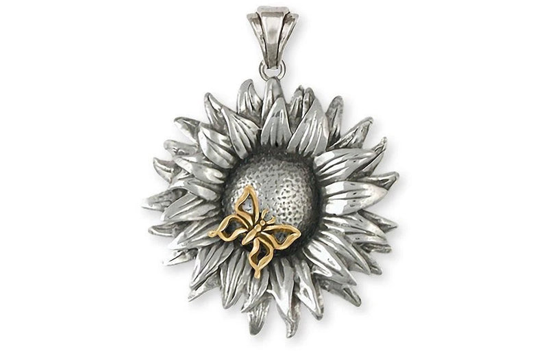 Sunflower pendant with silver textured petals and 14k gold center, hanging from silver bail