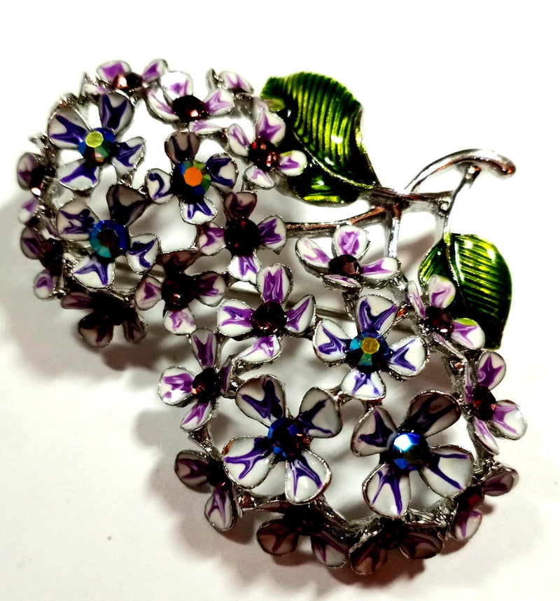Vintage Gold Color, w/lilac Enamel And Crystal 2" Double Hydrangea Brooch Hydrangea