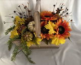 DESIGNED CENTERPIECE SUNFLOWERS GOURDS LEAVES FERNS BERRIES WOOD BASKET Sunflower