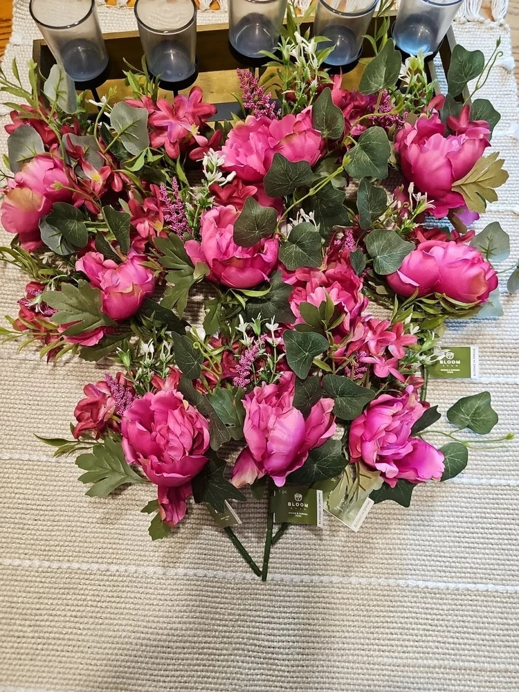 Pink peony floral pick decor with green leaves and multiple flower blooms