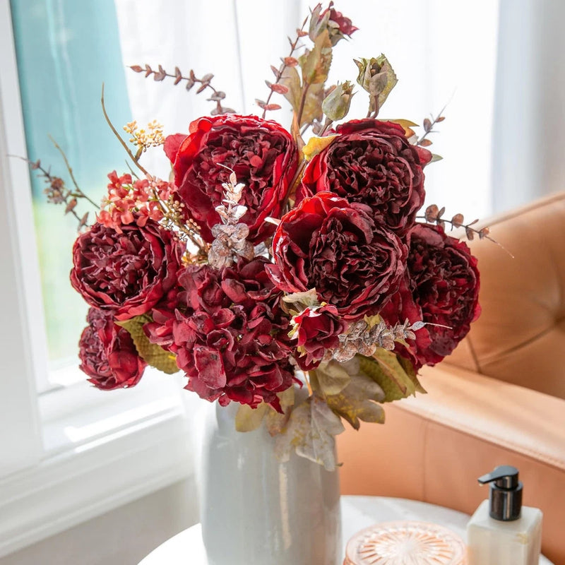 Peony Artificial Flowers Bouquet 17.7" Faux Silk Arrangements Fake Peonies Pl... Hydrangea