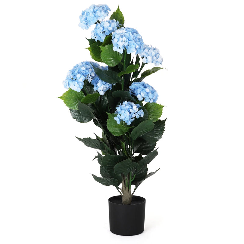 Artificial faux hydrangea plant in black pot with blue blooms and green leaves