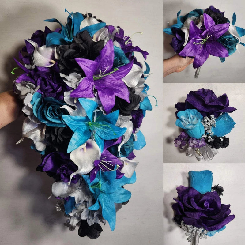 Purple Black Teal Silver Rose Calla Lily Bridal Wedding Bouquet Accessories Bouquet