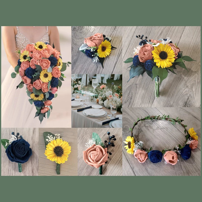 Terra Cotta Peach Sunflower Bridal Bouquet Sola Wood Navy Bridesmaid Wedding Bouquet