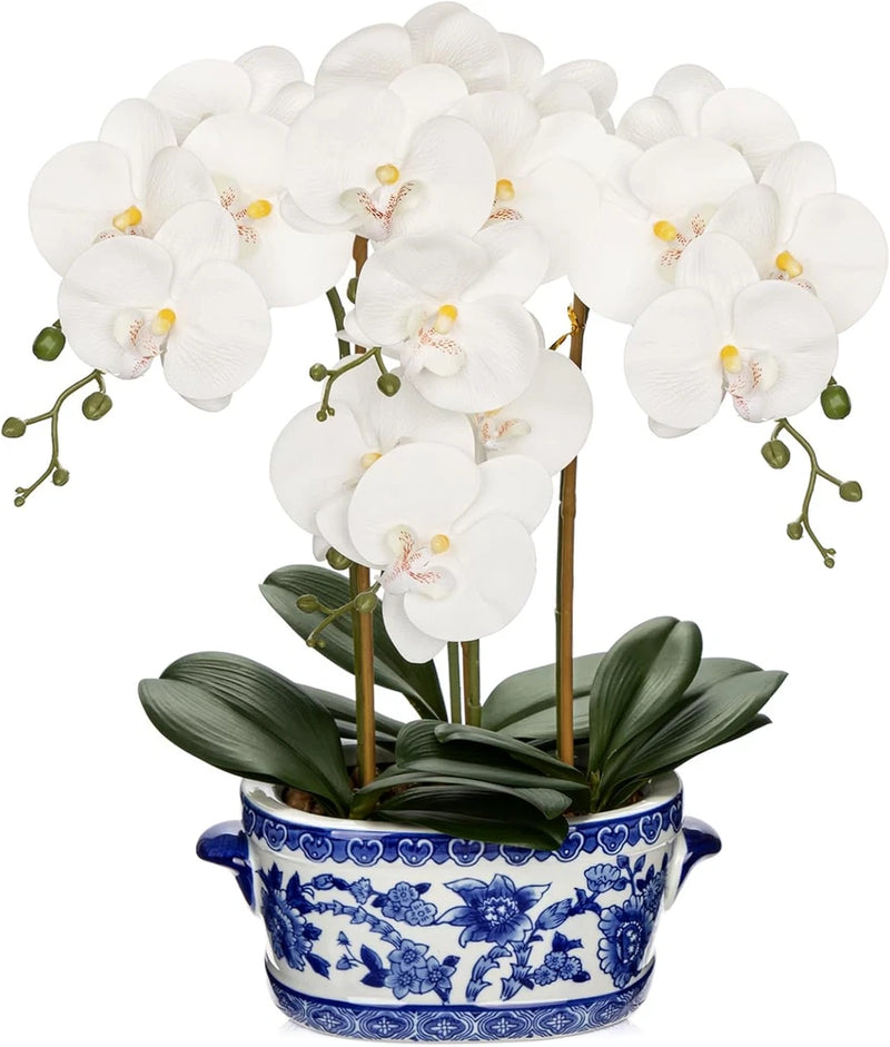 Elegant Blue & White Porcelain Pot with 19.7" Faux Silk Orchid Arrangement Bouquet