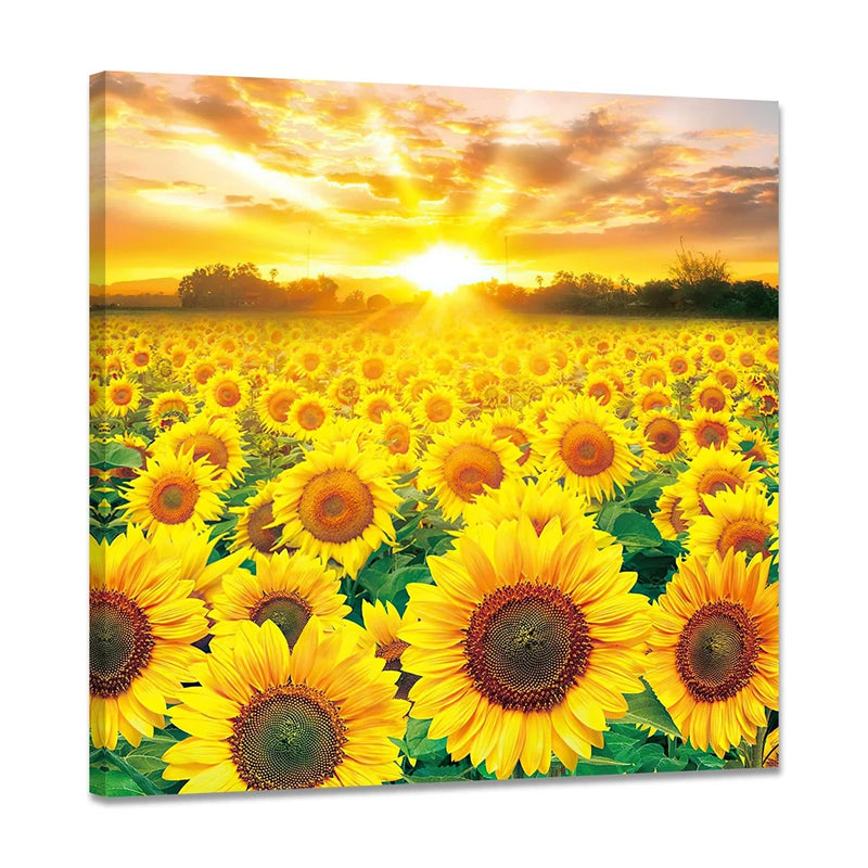 Sunflower painting art panel with bright yellow sunflowers and sunset sky, framed square