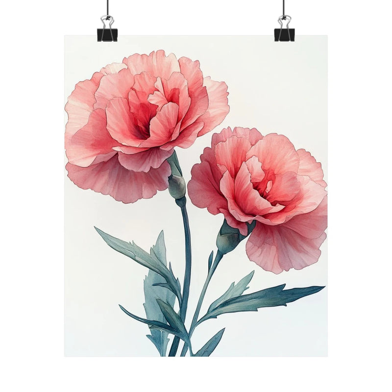 Floral art print poster with two pink carnation blooms and green leaves