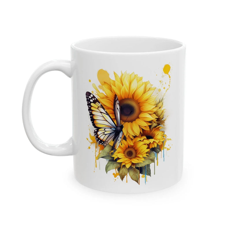 White ceramic mug with sunflower and butterfly floral print