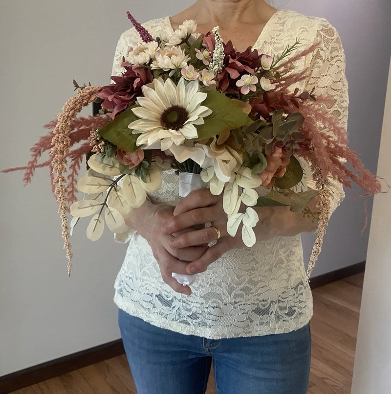 Handmade faux bridal wedding bouquet with white daisy, burgundy blooms, and greenery
