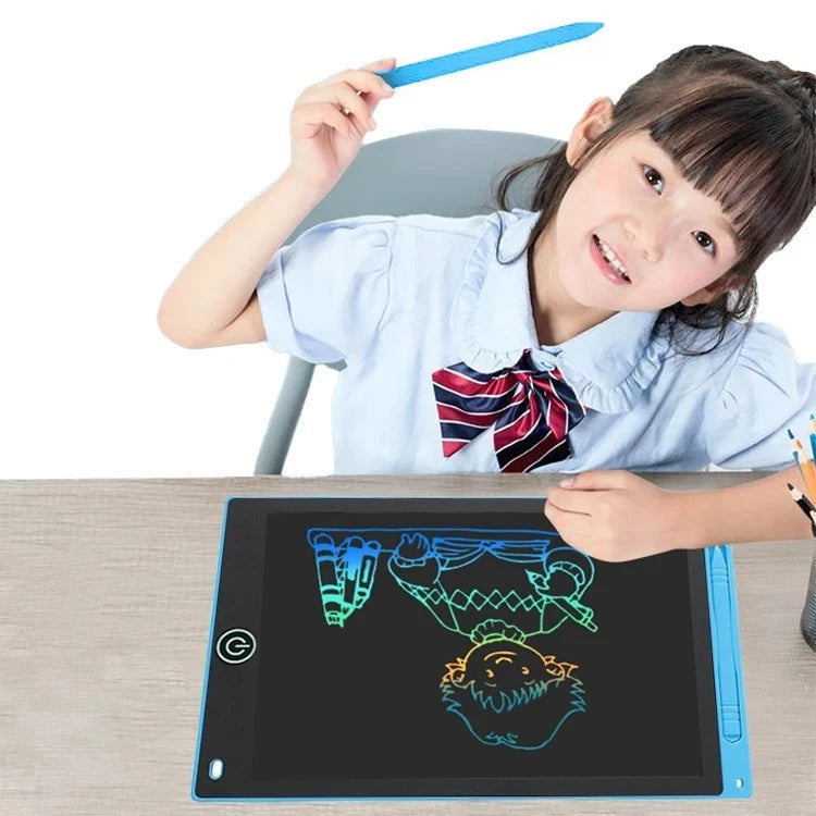 Reusable 12-inch LCD writing tablet with blue frame and stylus, dark writing screen