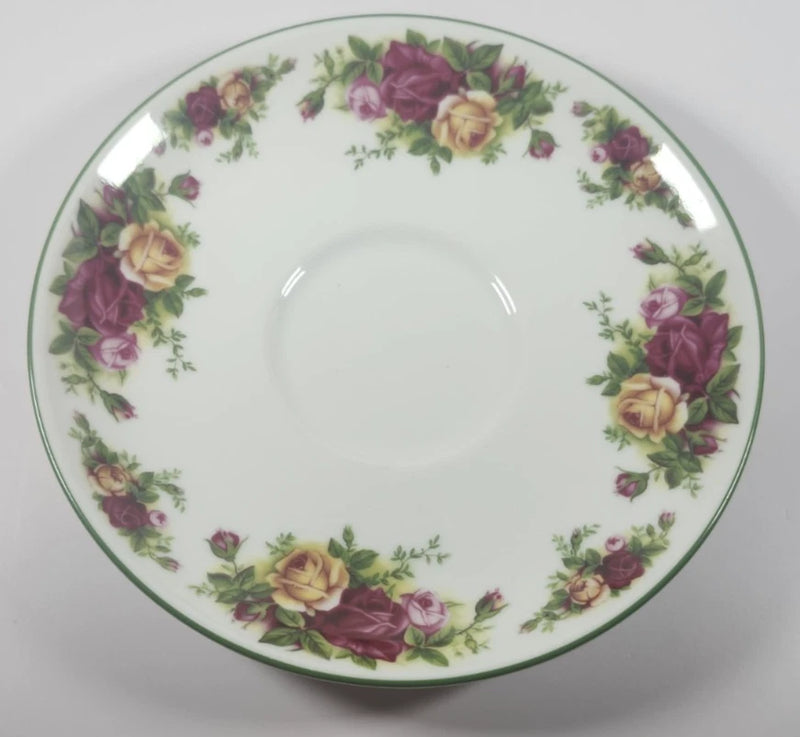 Royal Albert rose-pattern large breakfast saucer with green rim and floral bouquet design