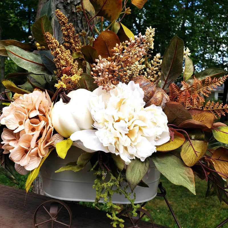 Neurtral fall floral arrangement, galvanized wagon fall silk flower centerpiece Hydrangea