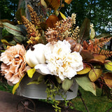Neurtral fall floral arrangement, galvanized wagon fall silk flower centerpiece Hydrangea