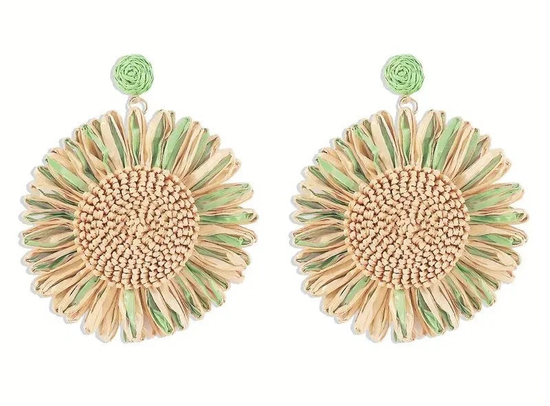 XL Boho Raffia Sunflower Earrings in Mint and Khaki 28232 Sunflower