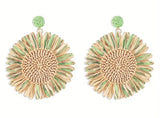 XL Boho Raffia Sunflower Earrings in Mint and Khaki 28232 Sunflower