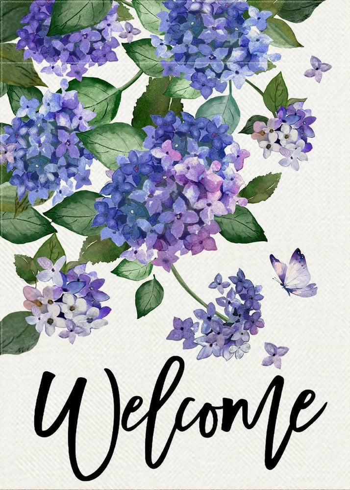Welcome Spring Hydrangea Decorative Garden Flag, Purple Floral Flowers Butterfly Hydrangea