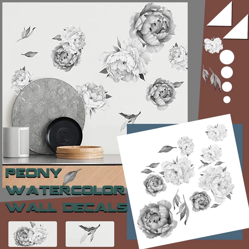 Black-and-white watercolor peony flower wall decal set with leaves and small birds