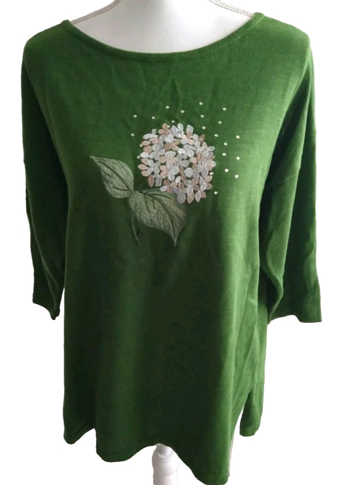 Bua Bua Sweater Sz L Green Embroidered Hydrangea Flower Rhinestones Cotton Hydrangea