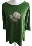 Bua Bua Sweater Sz L Green Embroidered Hydrangea Flower Rhinestones Cotton Hydrangea