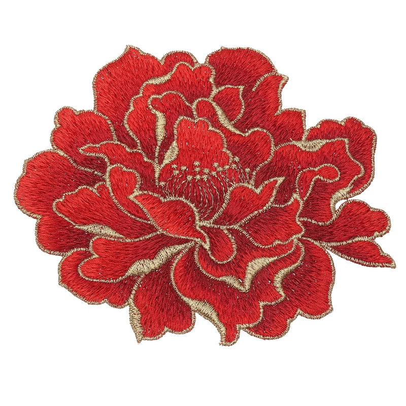 5.7" Peony Flower Embroidered Patch Appliques for Clothes, Red Peony