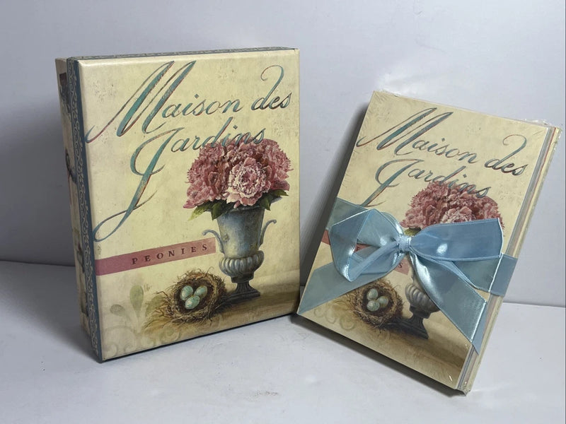 Peonies greeting card and envelope set, Maison de Jardins, in gift box with blue ribbon