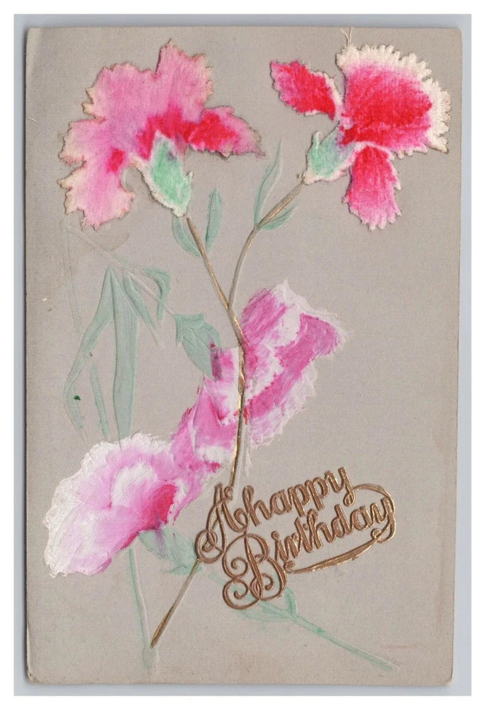 Happy Birthday embossed postcard with pink carnation flowers and gold script text