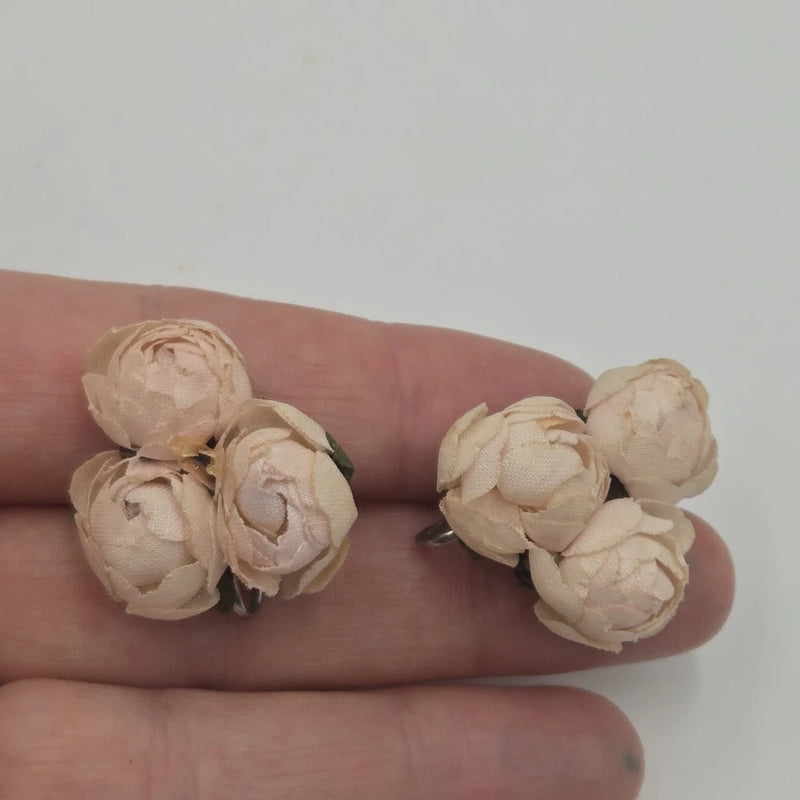 Vintage Ranunculus Rose Cluster Light Pink Screw Back Clip On Earring Ranunculus