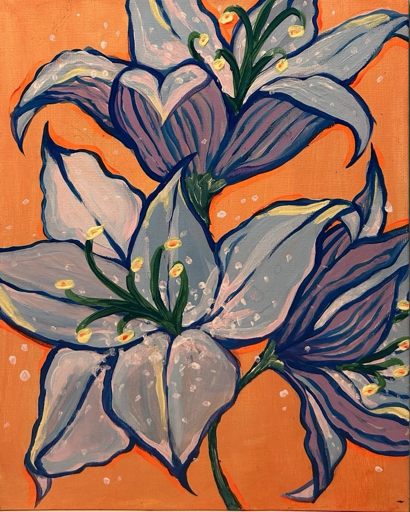 Original acrylic painting of blue lilies with green stems and white buds