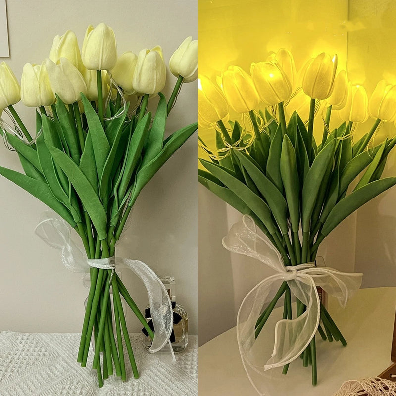 LED tulip night light bouquet in white blooms with green leaves, tied with ribbon
