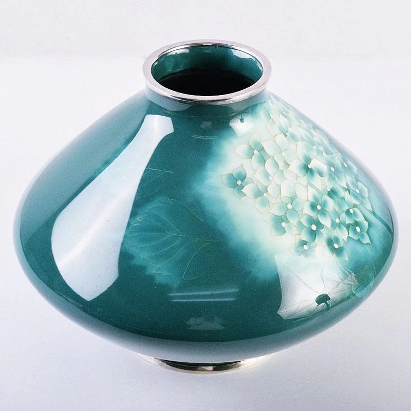Old Japanese Cloisonne Vase Ando Shippo Hydrangea Flowers Jungin Stamp w/box Hydrangea