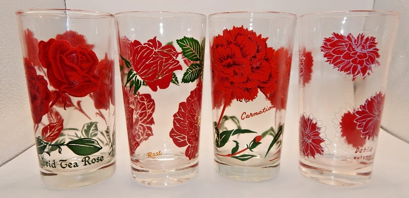 Vintage Floral  Peanut Butter  Glasses Set 4 Rose Tea Rose Carnation Dahlia Carnation