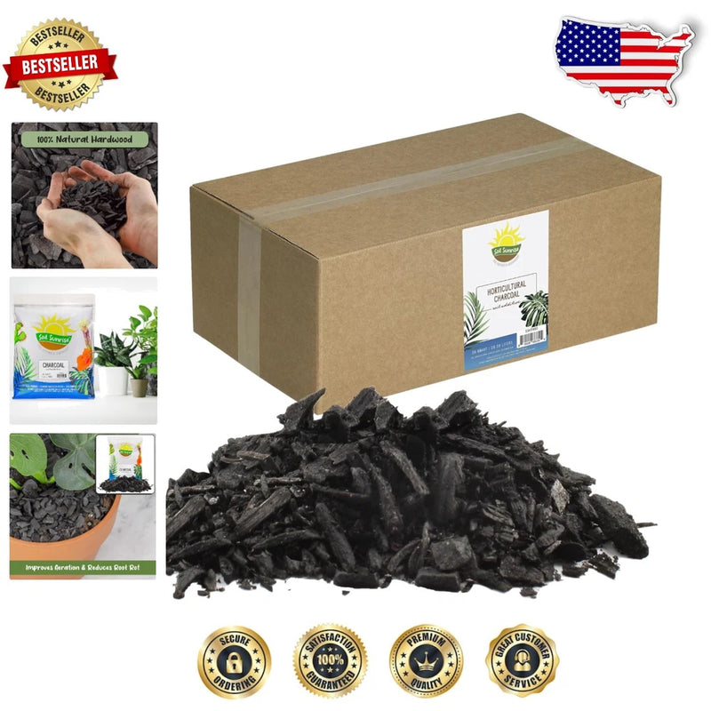 Horticultural charcoal soil additive with black charcoal pieces and cardboard box