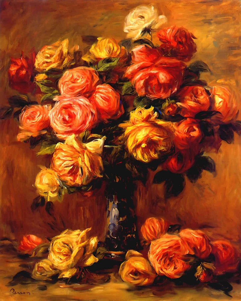Bouquet of orange, red, and yellow roses in a vase painting art print