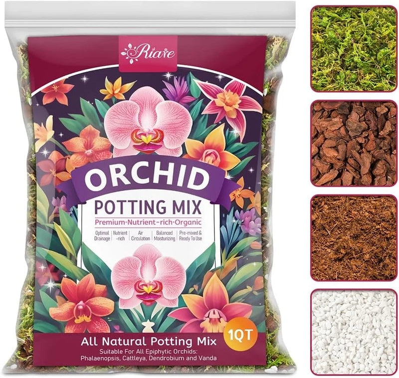 Orchid potting mix bag with moss and bark mix, 1QT, with ingredient samples