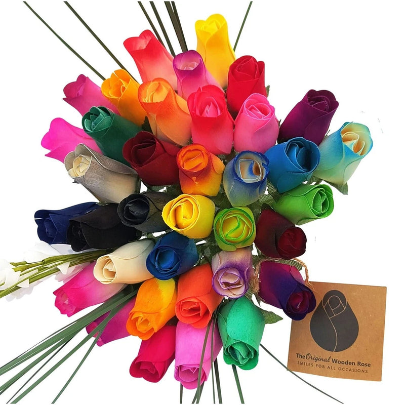 Assorted-color wooden rose bouquet with multi-colored flower heads and gift tag