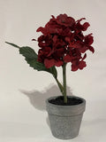 ONE RED "MINI HYDRANGEA" SILK CHRISTMAS FLOWER W/ SILVER FINISH FLOWERPOT Hydrangea
