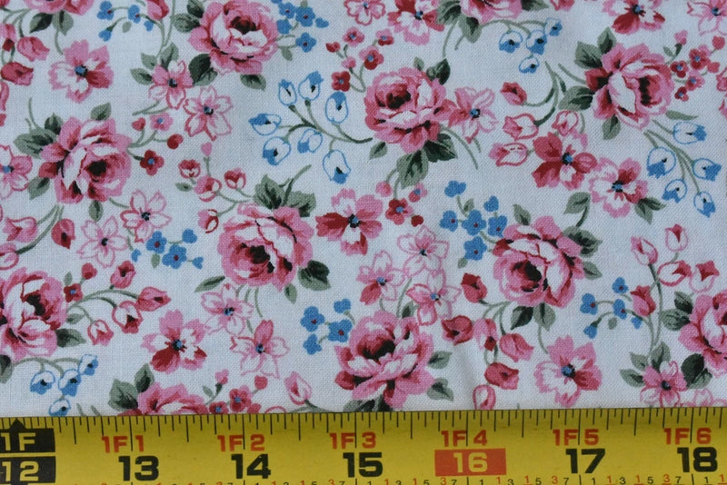 By 1/2 Yd, Vintage/Pink Blue Olive Floral on White Cotton/Schwartz Liebman,B1284 Flowering Plants