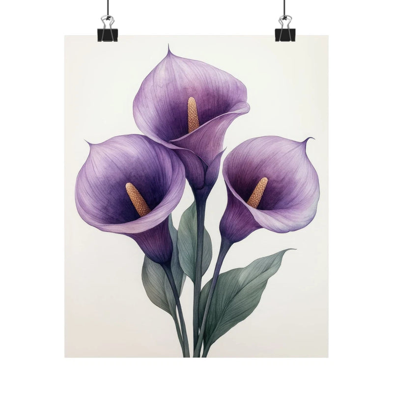 Lavender calla lily flower art print poster with three purple blooms and gold centers