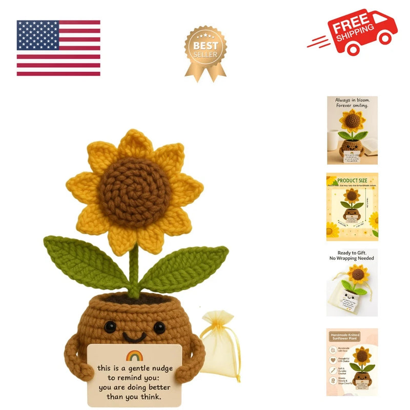 Handmade crocheted sunflower desk decor with green leaves and brown message card