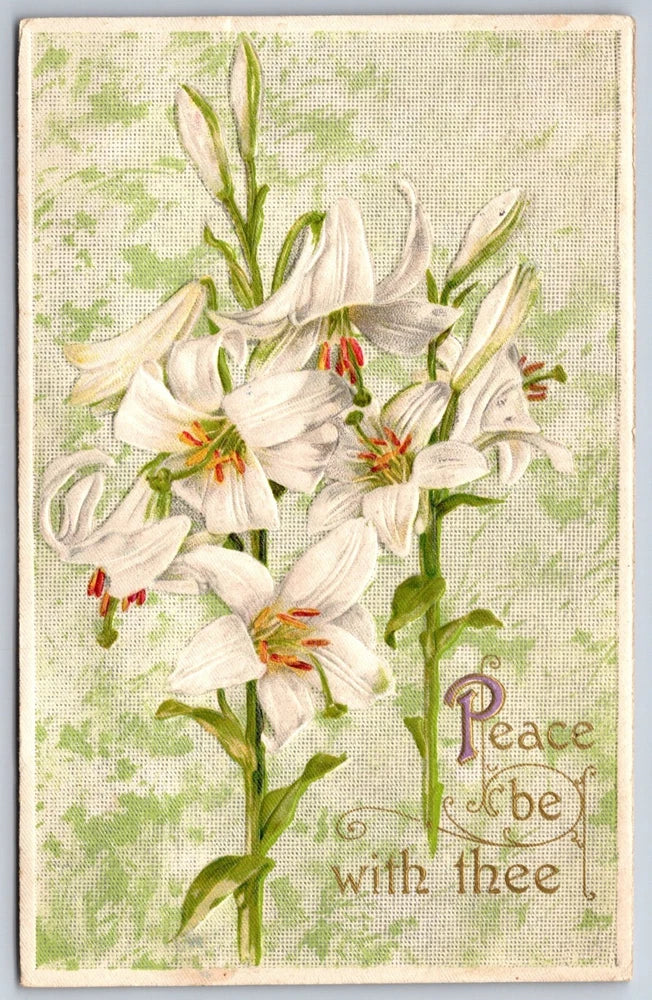 Winsch~Easter~Peace Be With Thee~White Lily Flowers~PM 1911~Emb~Vintage Postcard Lily