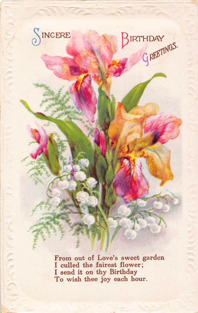 Floral birthday greeting postcard with lily of the valley bouquet and poem text