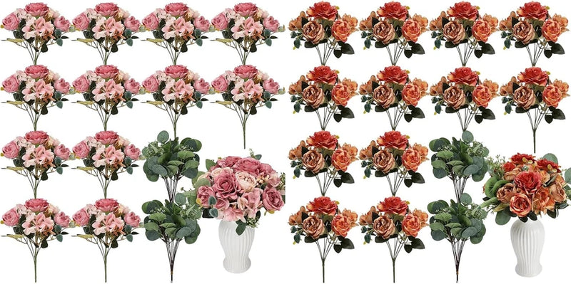 12-pack faux peony and eucalyptus bouquets with pink and orange blooms