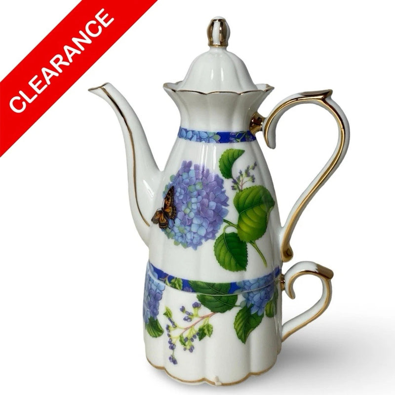 NEW Stackable Single Serving Porcelain Teapot And Cup Blue Hydrangea/Butterflies Hydrangea