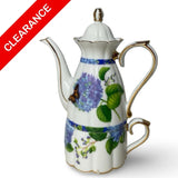 NEW Stackable Single Serving Porcelain Teapot And Cup Blue Hydrangea/Butterflies Hydrangea